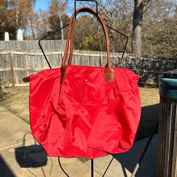 Longchamp Red Orange Le Pliage Large Tote Leather Trim - Picture 2 of 11